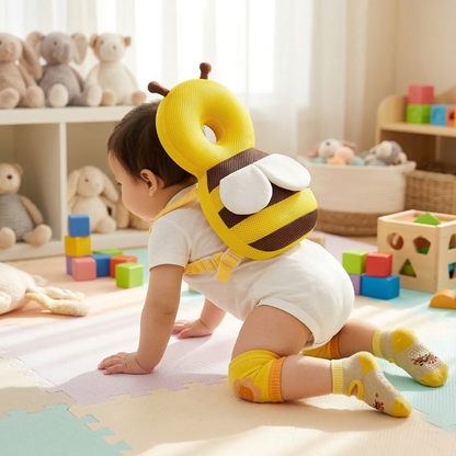 Baby Head ProtectorInfant Fall Protection Baby Head Protector Cushion Backpack with Baby Knee Pads Anti Slip Socks for Walking & Crawling (Yellow Bees)