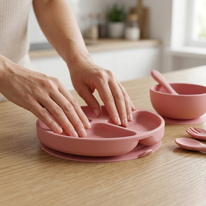 Generic Silicone Baby Feeding Set Baby Plates and Bowls Set Suction Plates for Baby Baby Feeding Essentials Baby Led Weaning Supplies Baby Plates with Suction Baby Utensils (Rose Pink) Regular