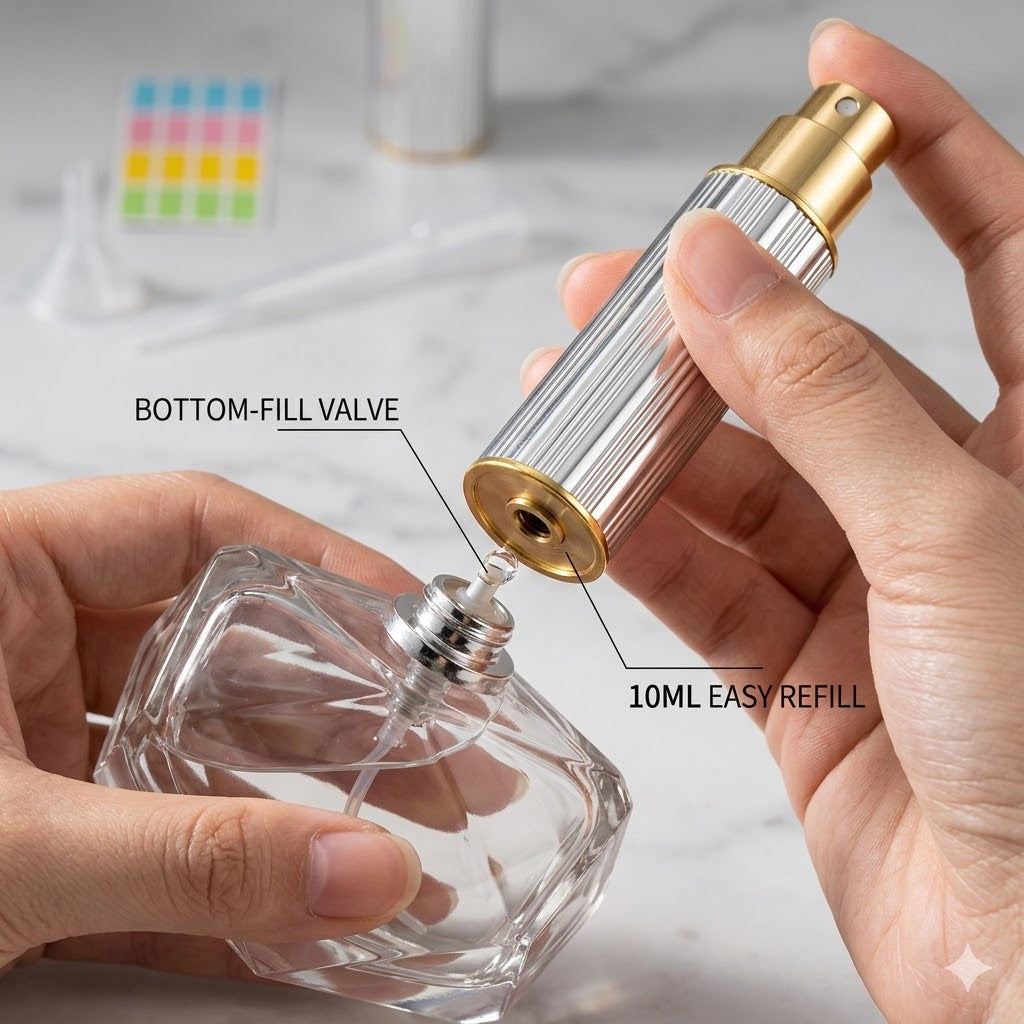 Squway 1PCS 10ml Travel Perfume Atomizer Refillable Bottom-Filling Portable Fragrances Cologne Spray Bottle Empty 0.34oz Travel Sprayer Perfume for Women Men Gift (Silver)