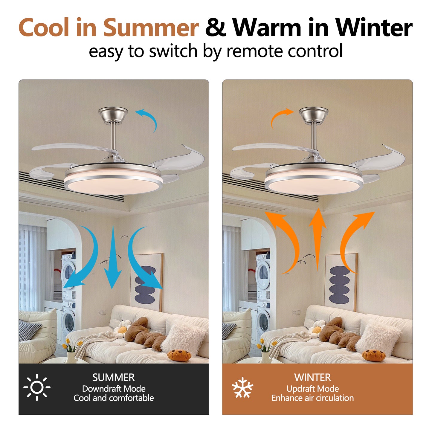42 Inch 2 Tiers Design Modern LED Ceiling Fan With Light And Remote Control, Retractable Blades, Adjustable 6 Speed, Silent Operation DC Motor For Living Room, Bedroom, Dining Room
