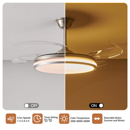 42 Inch 2 Tiers Design Modern LED Ceiling Fan With Light And Remote Control, Retractable Blades, Adjustable 6 Speed, Silent Operation DC Motor For Living Room, Bedroom, Dining Room