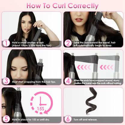 1Pc 6 In 1 Hot Air Styler Volumizer Straightener Curler Dryer Automatic Wrap Styler Hair Dryer Brush Set With 3 Temp Settings ALCI Plug Glove Cable Zip Tie