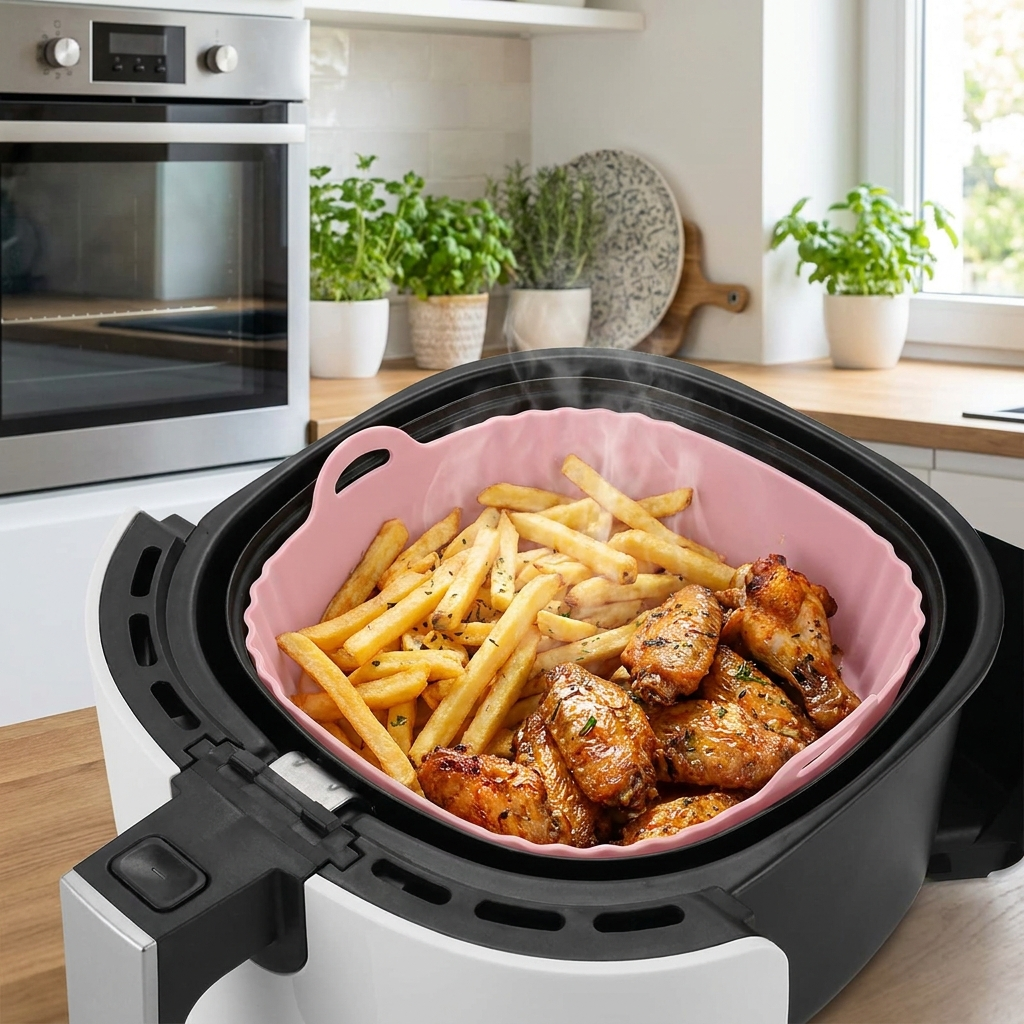 Silicone air fryer liner with crispy fries and chicken wings