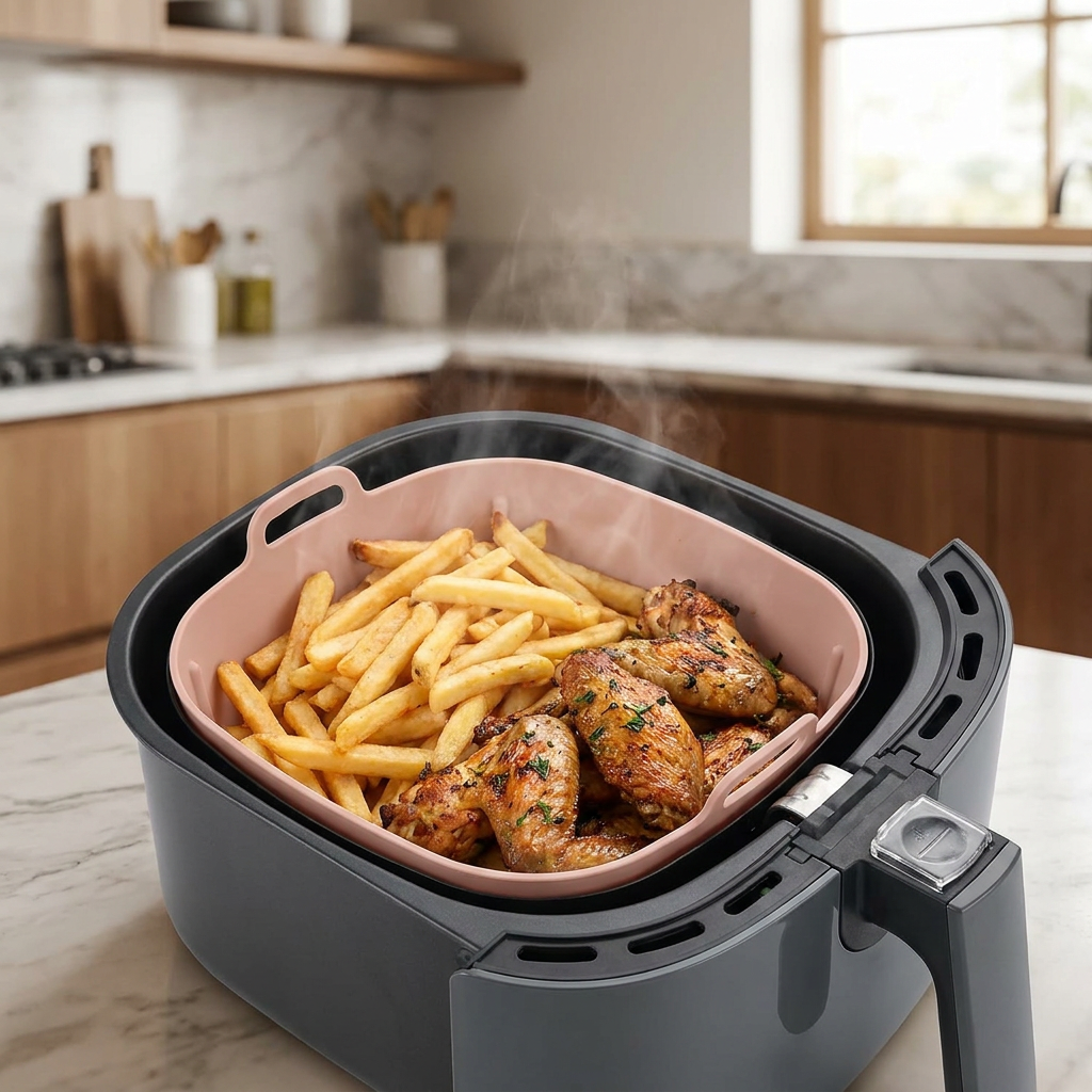 Silicone air fryer liner with golden roasted food in use