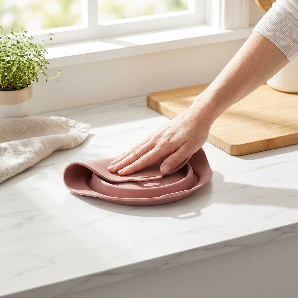 Foldable space-saving silicone air fryer liner held in hand