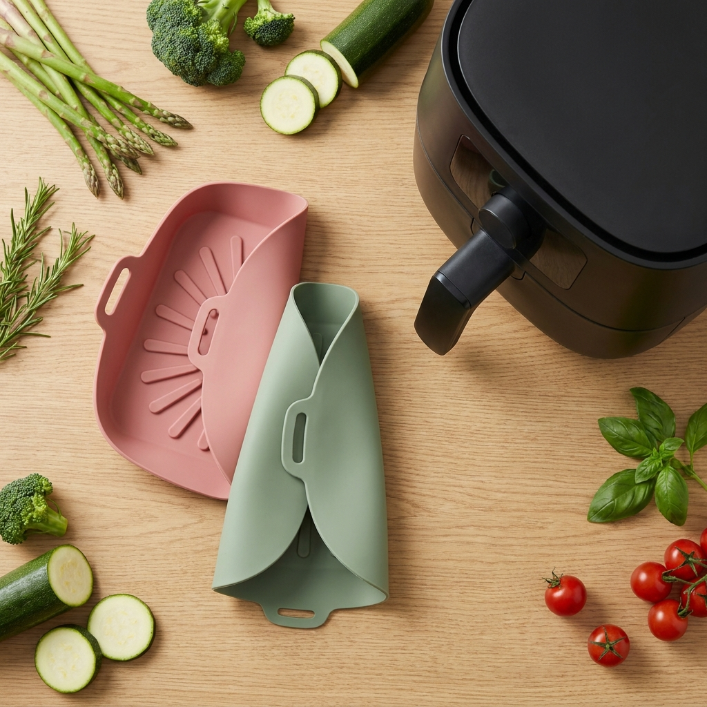 Flat-lay of silicone air fryer liners with air fryer and fresh vegetables