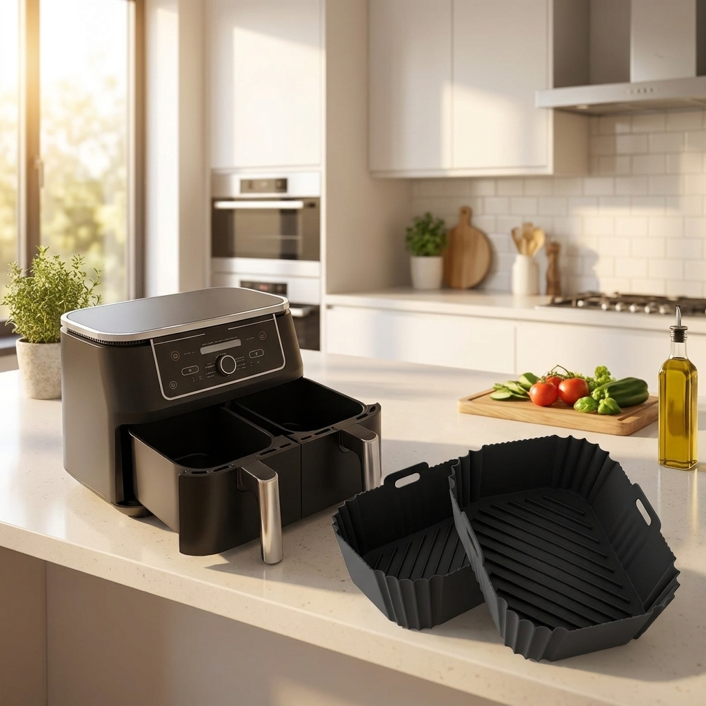 Ninja DualZone silicone air fryer liners on kitchen counter