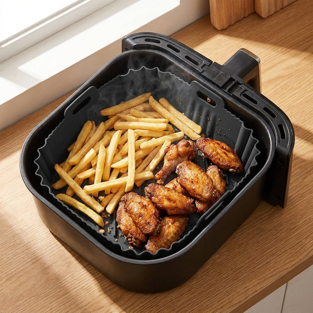 Silicone air fryer liner in use with crispy food
