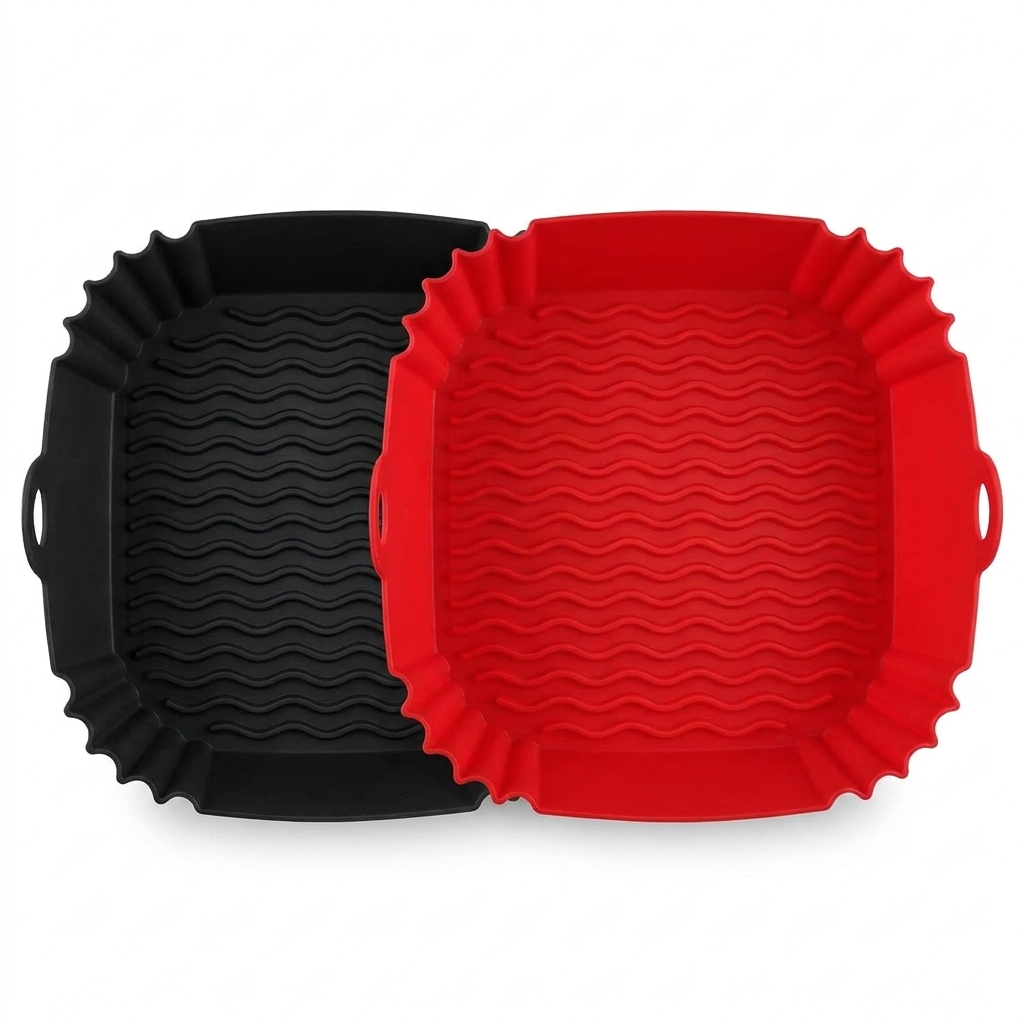 8-inch black and red square silicone air fryer liners studio shot