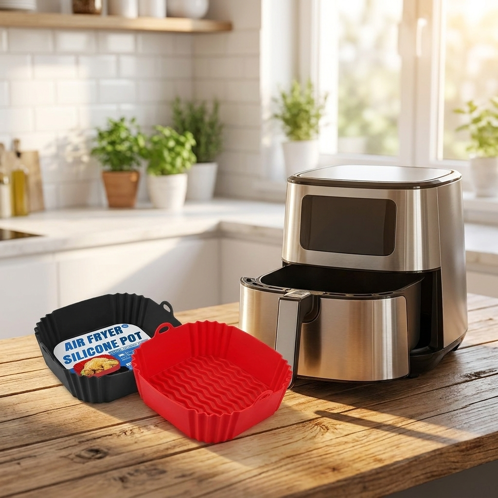 Black and red silicone air fryer liners on kitchen counter