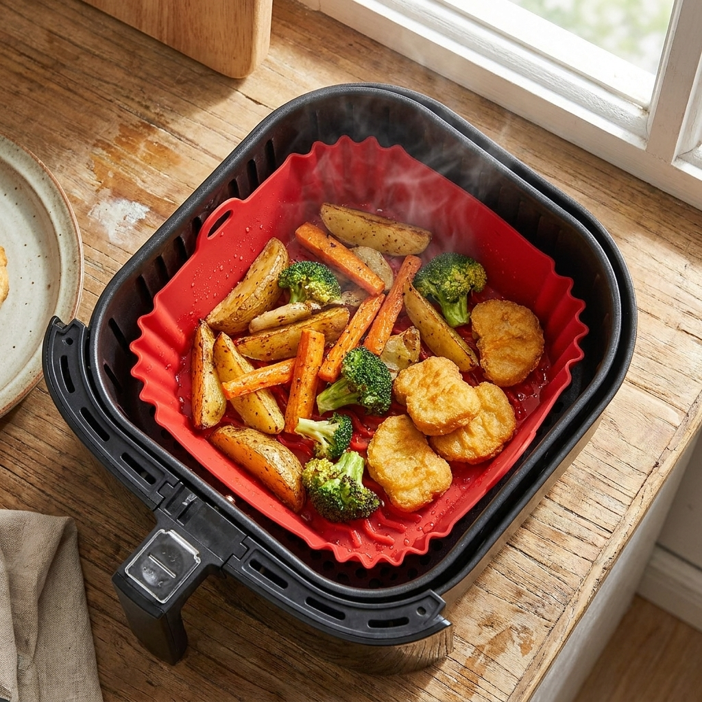 Red silicone air fryer liner in use with roasted food